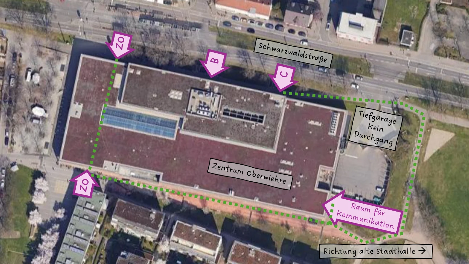 Übersicht: Zugänge zum ZO – Raum für Kommunikation im Zentrum Oberwiehre Freiburg