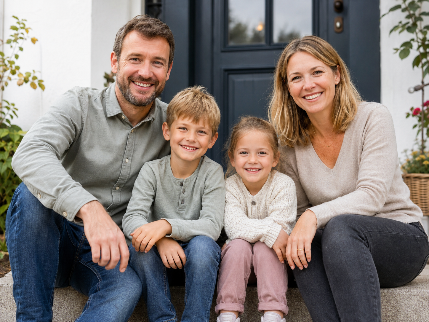 Junge Familie mit zwei Kindern sitzt gemeinsam vor ihrem Zuhause