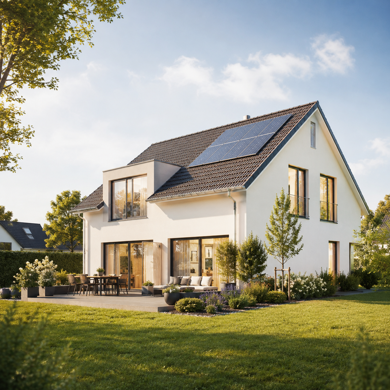 Modernes Einfamilienhaus mit Garten und Solaranlage