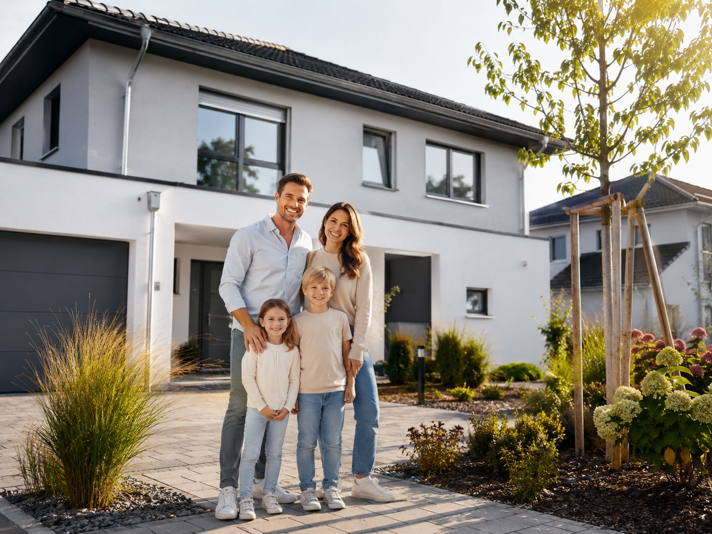 Junge Familie vor ihrem Einfamilienhaus