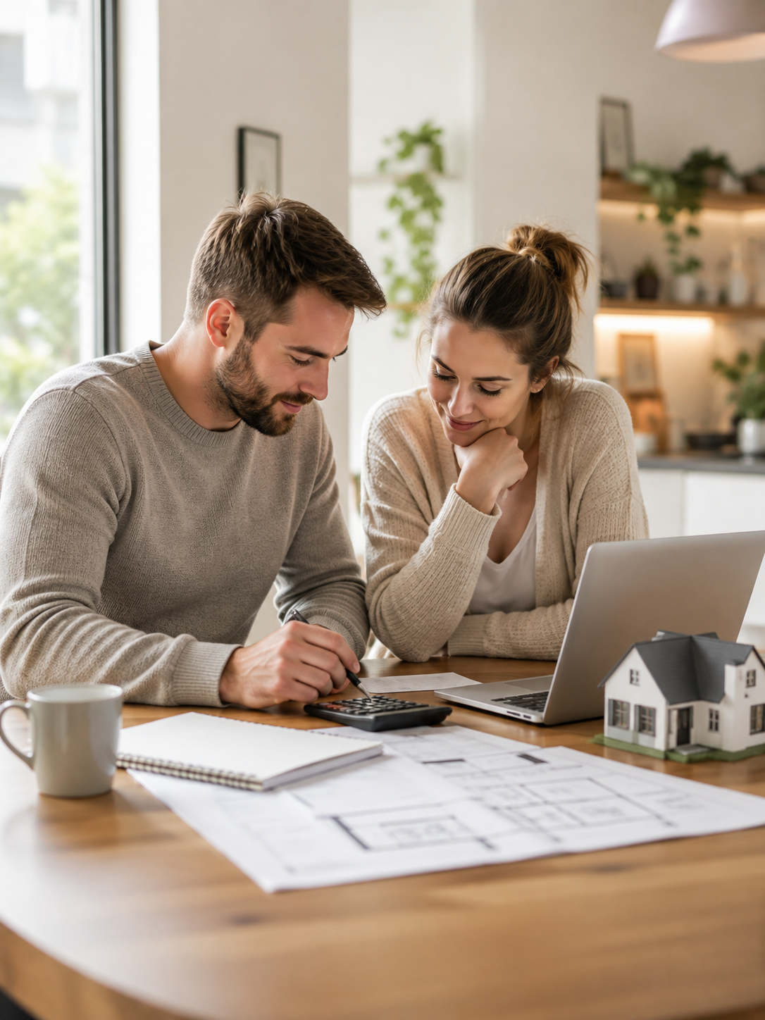 Junges Paar bespricht gemeinsam Finanzen und Versicherungen zu Hause