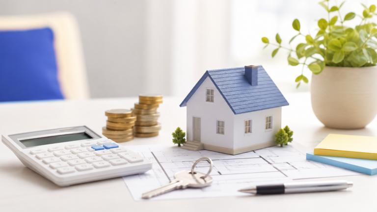 Hausmodell mit Taschenrechner und Unterlagen zur Immobilienfinanzierung