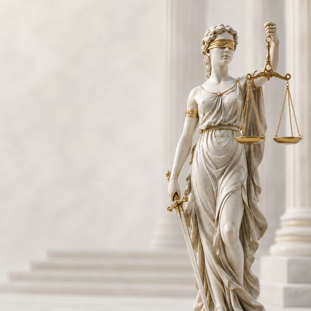 Weiße Justitia-Statue mit goldener Augenbinde, Waage und Schwert vor hellem Säulenhintergrund