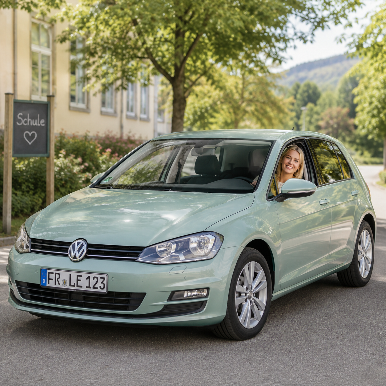 Junge blonde Frau am Steuer eines hellgrünen VW Golf vor einer Schule